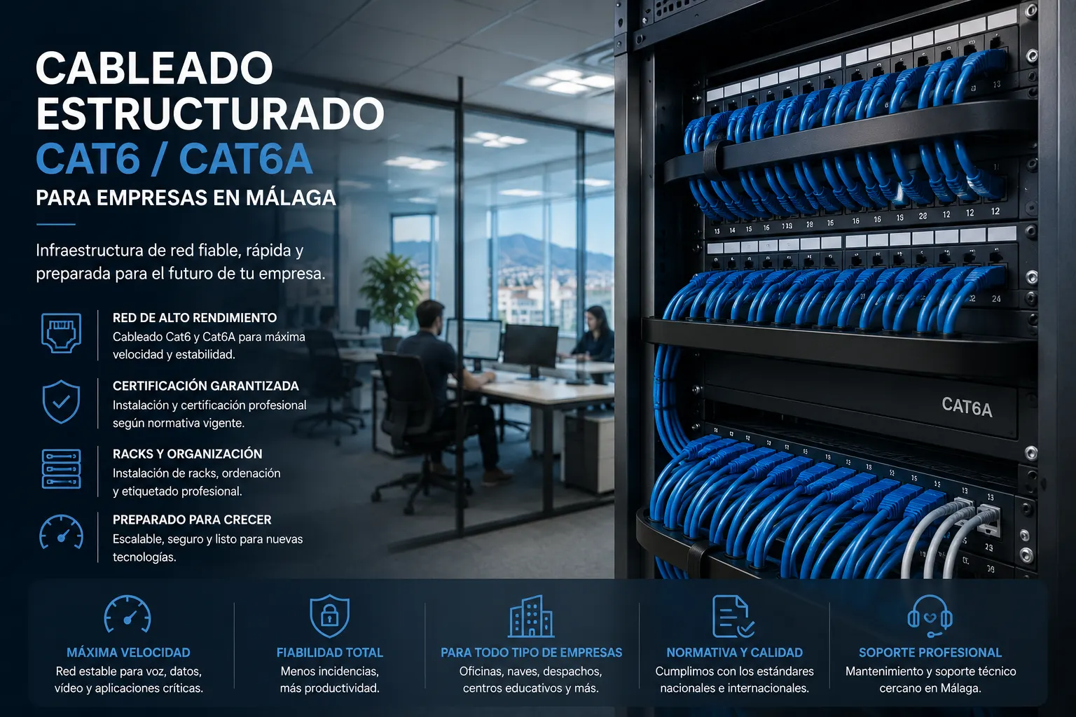Cableado estructurado Cat6 y Cat6A para empresas en M&aacute;laga con racks ordenados, certificaci&oacute;n y red de alto rendimiento