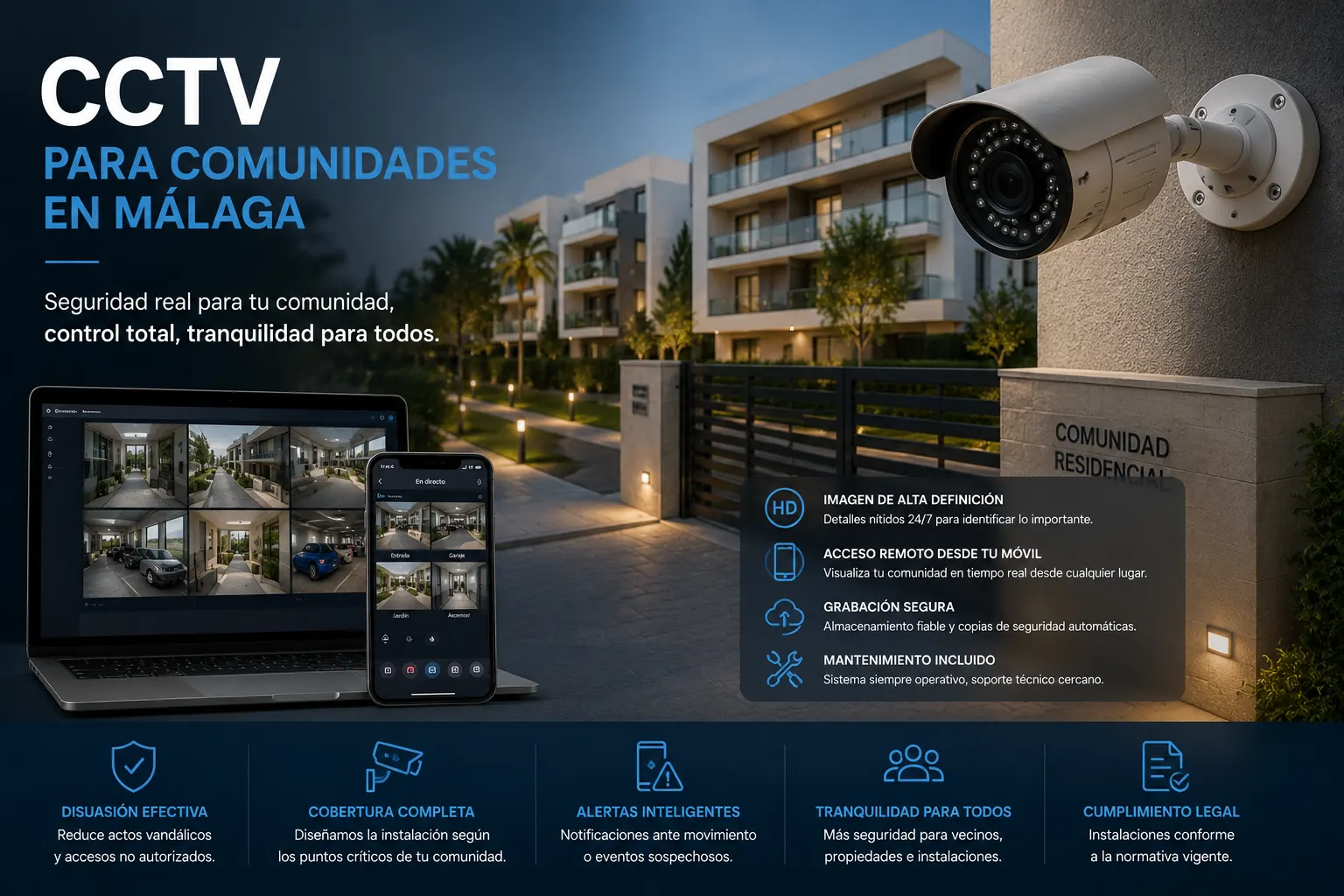CCTV para comunidades en M&aacute;laga con videovigilancia IP, grabaci&oacute;n segura y acceso remoto desde m&oacute;vil
