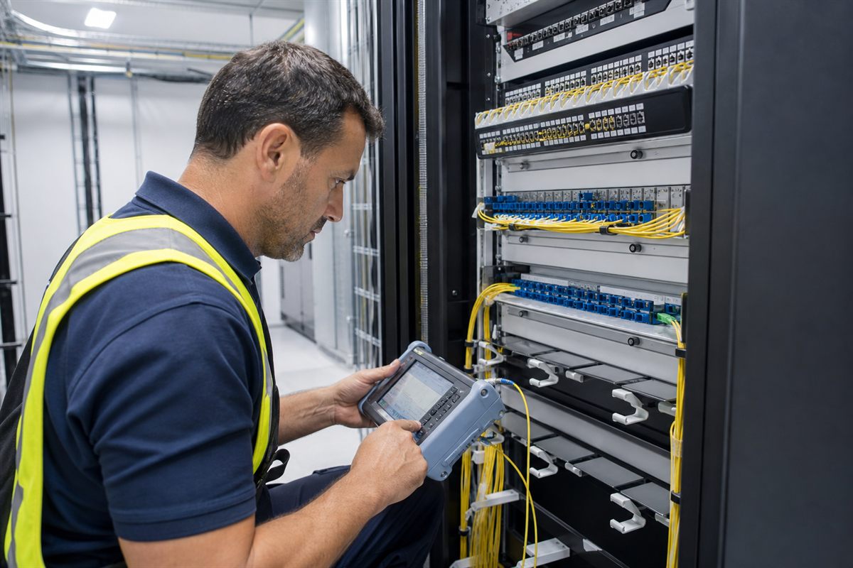 T&eacute;cnico certificando fibra &oacute;ptica y cableado en un rack profesional