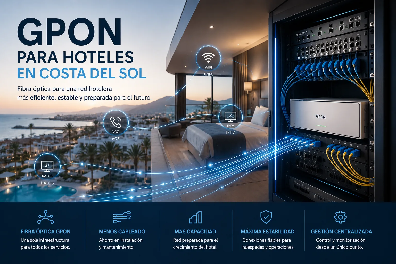 Infraestructura GPON para hoteles en Costa del Sol con fibra &oacute;ptica para voz, datos, IPTV y WiFi