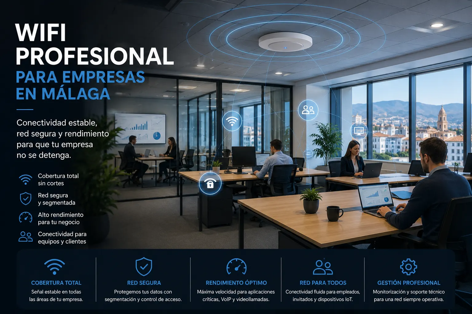 WiFi profesional para empresas en M&aacute;laga con red segura, cobertura estable y segmentaci&oacute;n por usuarios