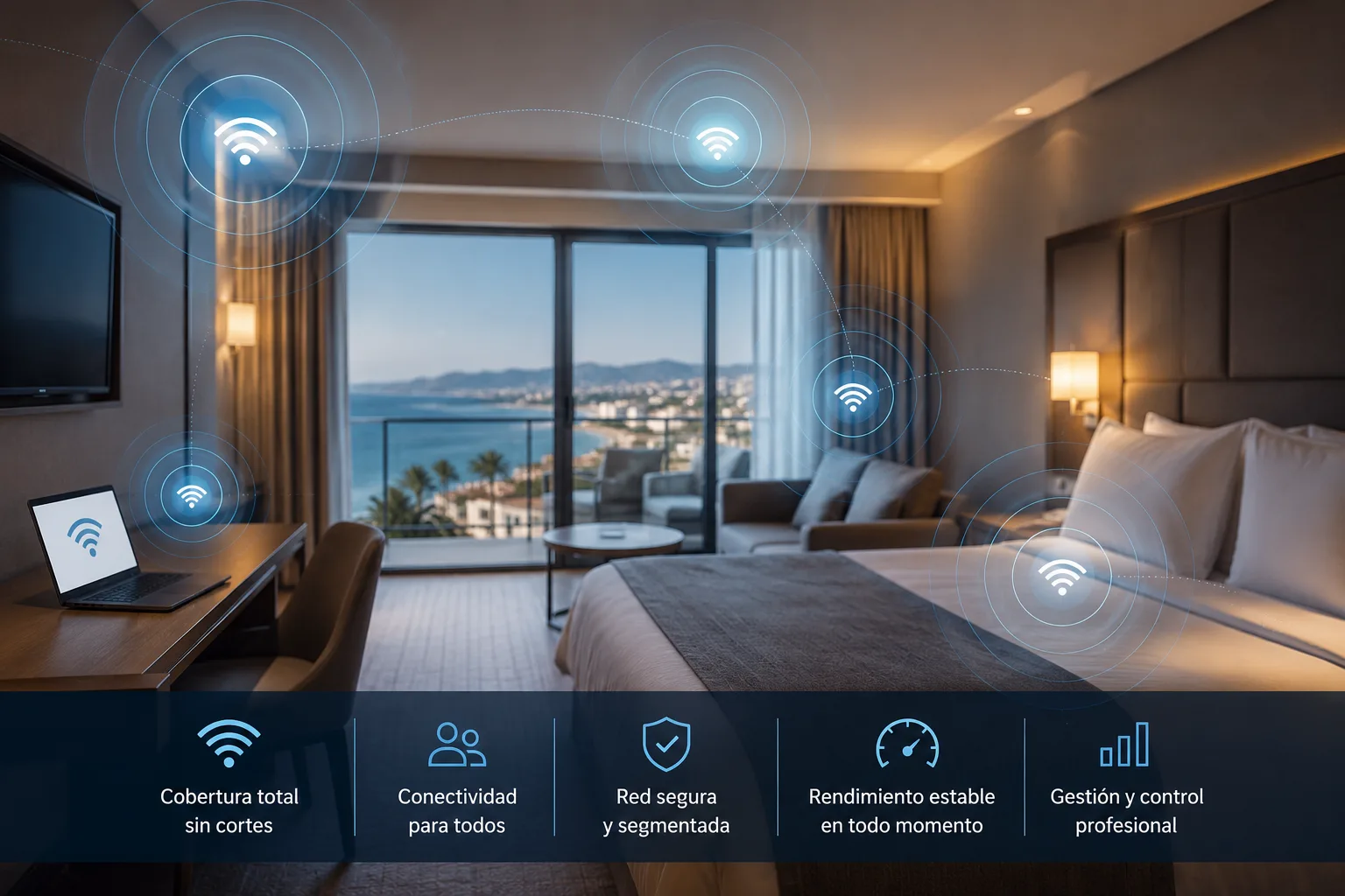 WiFi profesional para hoteles en M&aacute;laga con cobertura estable en habitaciones y zonas comunes